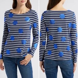 Boden Ella Breton Stripe Long Sleeve T-shirt 14 L navy blue metallic polka dot